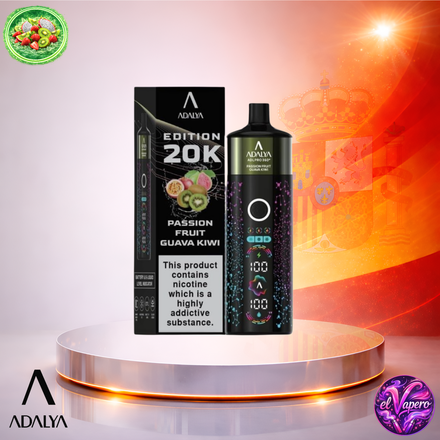Vapers Desechables - Cigarrillo electrónico - España - Adalya - ADL - PRO360 - 20K - Passion Fruit Guava Kiwi 20000 Caladas - El mejor precio