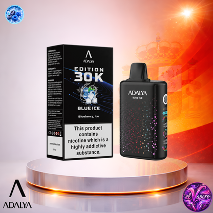 Vape desechable Adalya Edition 30K España Blue Ice con hasta 30000 caladas y refrescante sabor a frutos rojos helados.