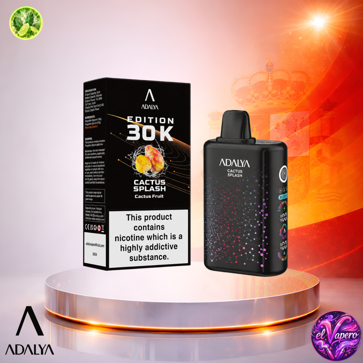 Vaper desechable Adalya Edition 30K España Cactus Splash con hasta 30000 caladas y refrescante sabor a cactus y frutas.