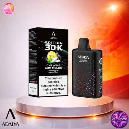 Vaper desechable Adalya Edition 30K España Chewing Gum Melon con hasta 30000 caladas y dulce sabor a chicle y melón.