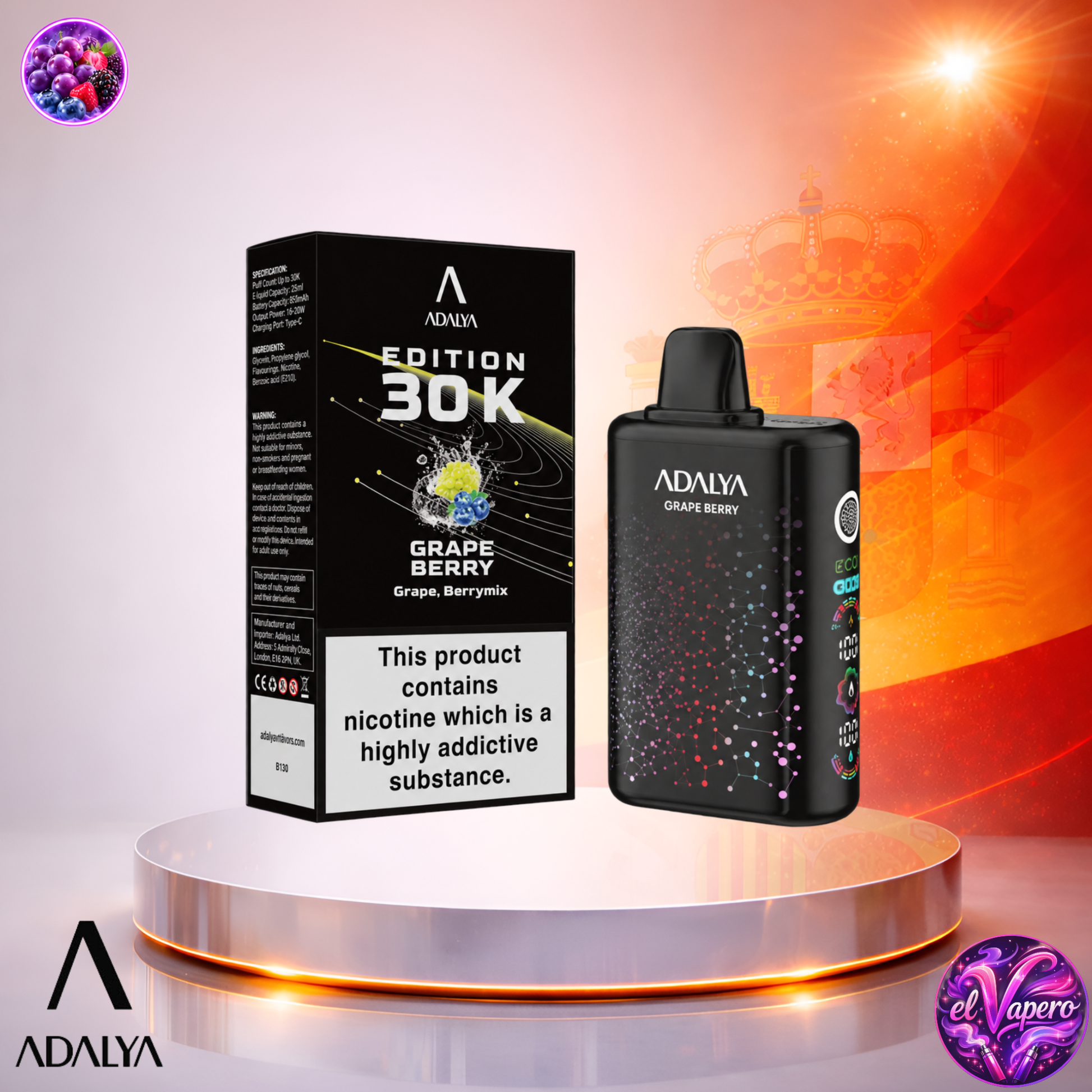 Vaper desechable Adalya Edition 30K España Grape Berry con hasta 30000 caladas y delicioso sabor a uva y frutos rojos.