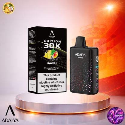 Vaper desechable Adalya Edition 30K España Hawall con hasta 30000 caladas y sabor tropical afrutado.
