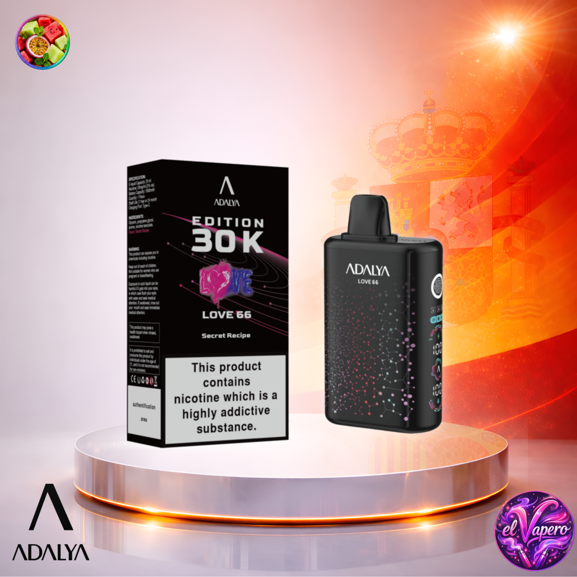 Vaper desechable Adalya Edition 30K España Love 66 con hasta 30000 caladas y sabor tropical afrutado.
