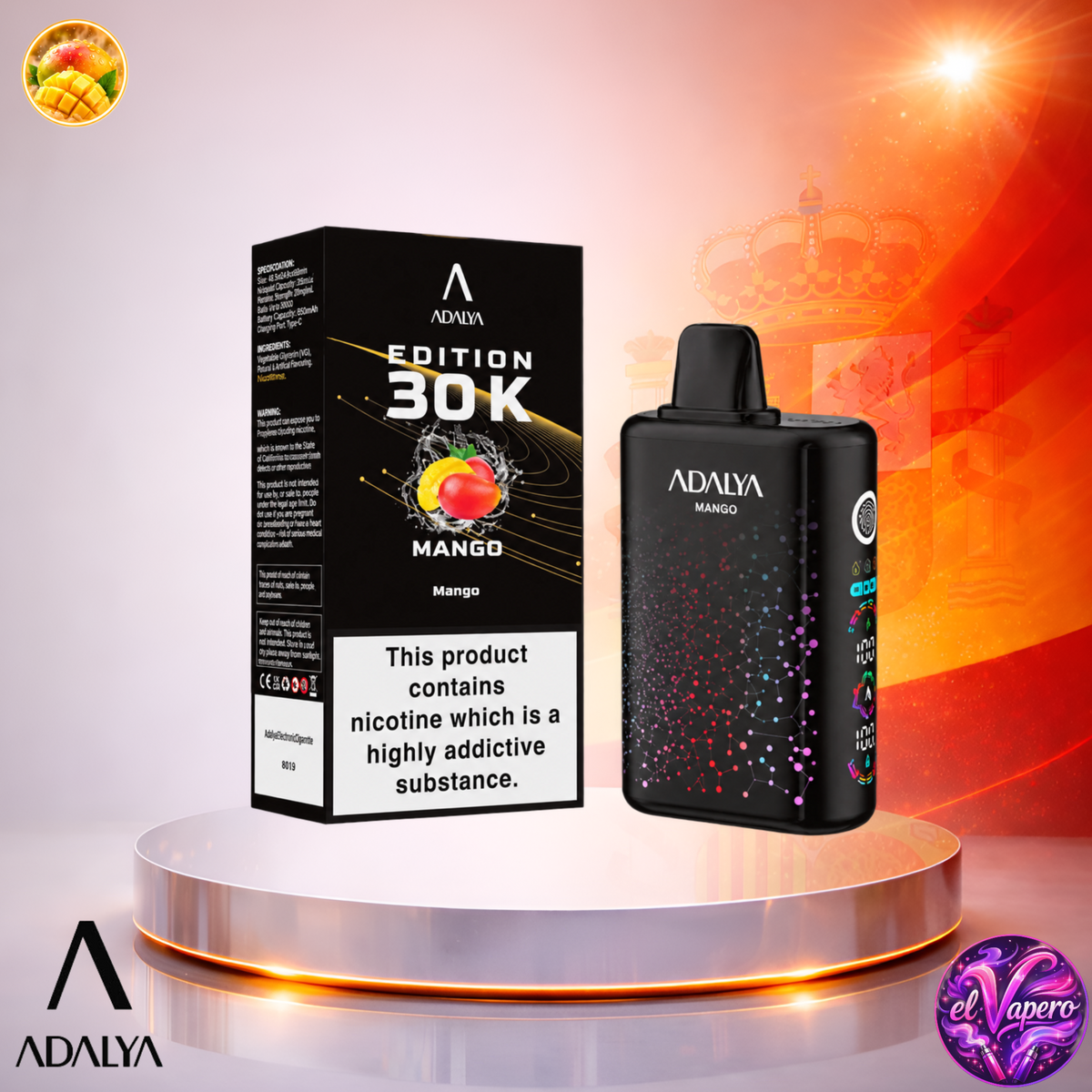Vaper desechable Adalya Edition 30K España Mango con hasta 30000 caladas y delicioso sabor a mango.