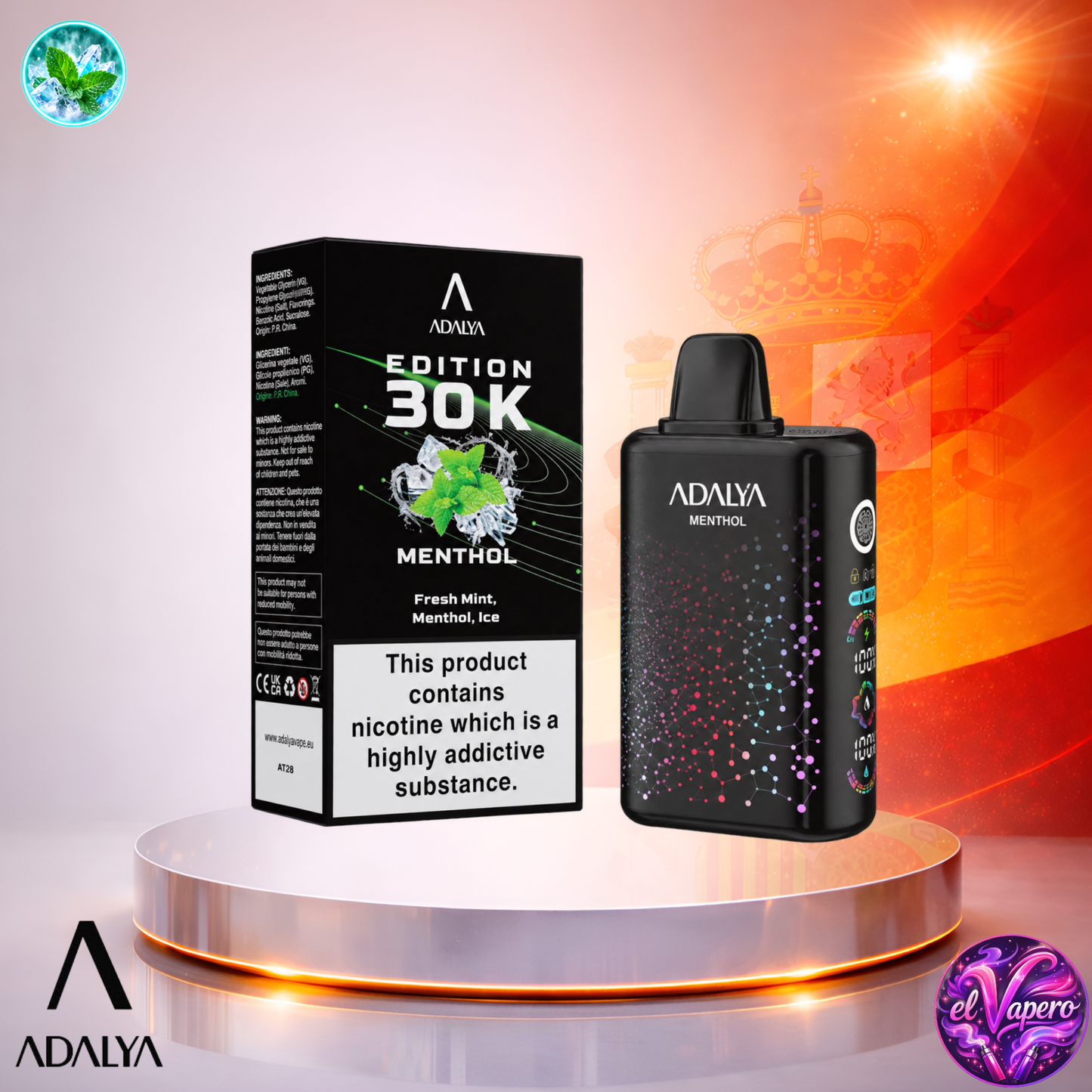 Vaper desechable Adalya Edition 30K España Menthol con hasta 30000 caladas y refrescante sabor mentolado.