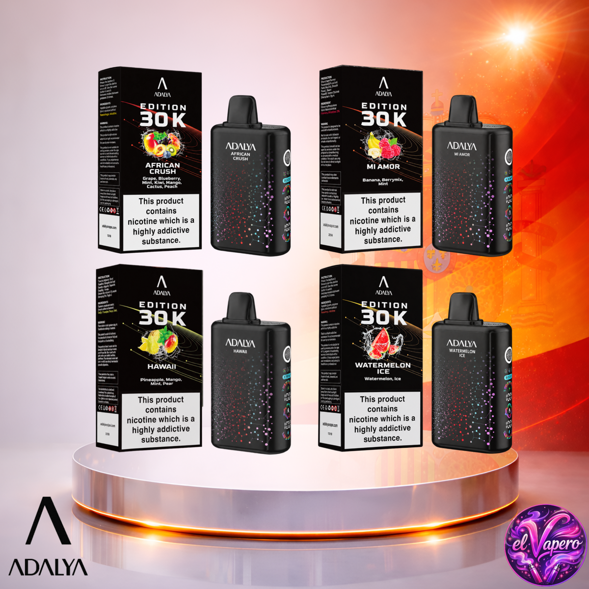 Vape desechable Adalya Edition 30K España Mix 2 con hasta 30000 caladas y variedad de sabores.