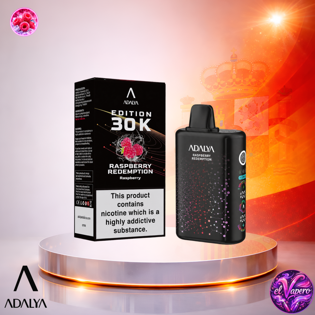 Vaper desechable Adalya Edition 30K España Raspberry Redemption con hasta 30000 caladas y delicioso sabor a frambuesa.