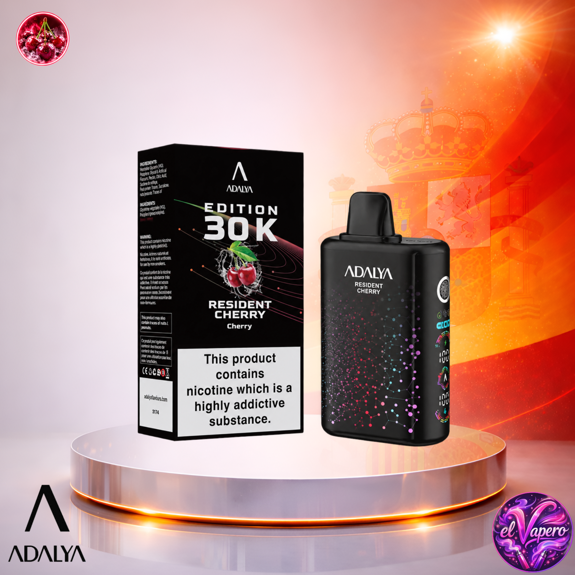 Vaper desechable Adalya Edition 30K España Resident Cherry con hasta 30000 caladas y delicioso sabor a cereza.