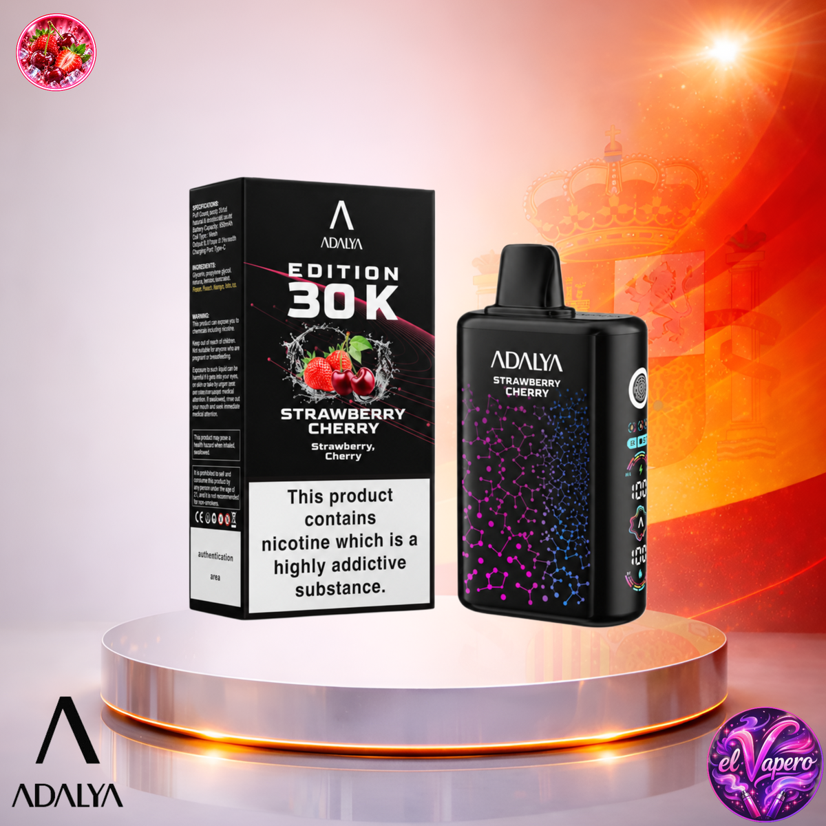 Vaper desechable Adalya Edition 30K España Strawberry Cherry con hasta 30000 caladas y delicioso sabor a fresa y cereza.