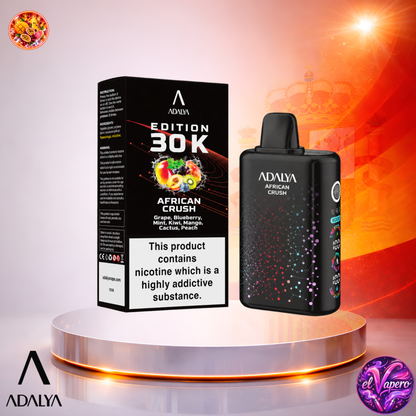 Vaper desechable Adalya Edition 30K España African Crush con hasta 30000 caladas y delicioso sabor tropical a frutas.