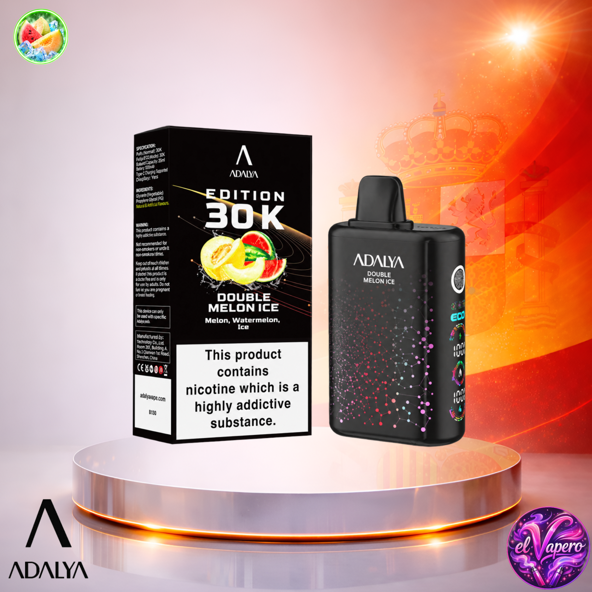 Vaper desechable Adalya Edition 30K España Double Melon Ice con hasta 30000 caladas y refrescante sabor a melón helado.