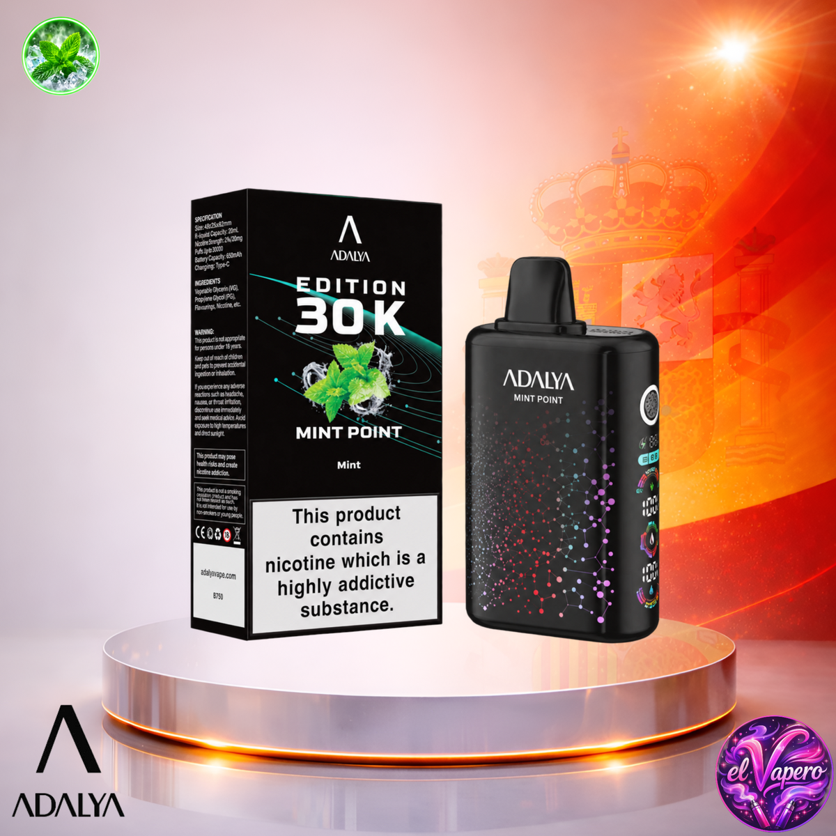 Vaper desechable Adalya Edition 30K España Mint Point con hasta 30000 caladas y refrescante sabor a menta.