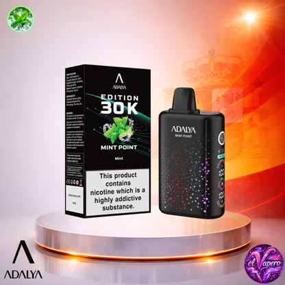 Vaper desechable Adalya Edition 30K España Mint Point con hasta 30000 caladas y refrescante sabor a menta.