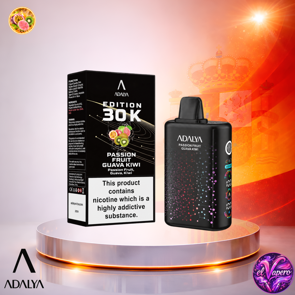 Vaper desechable Adalya Edition 30K España Passion Fruit Guava Kiwi con hasta 30000 caladas y sabor tropical a maracuyá, guayaba y kiwi.