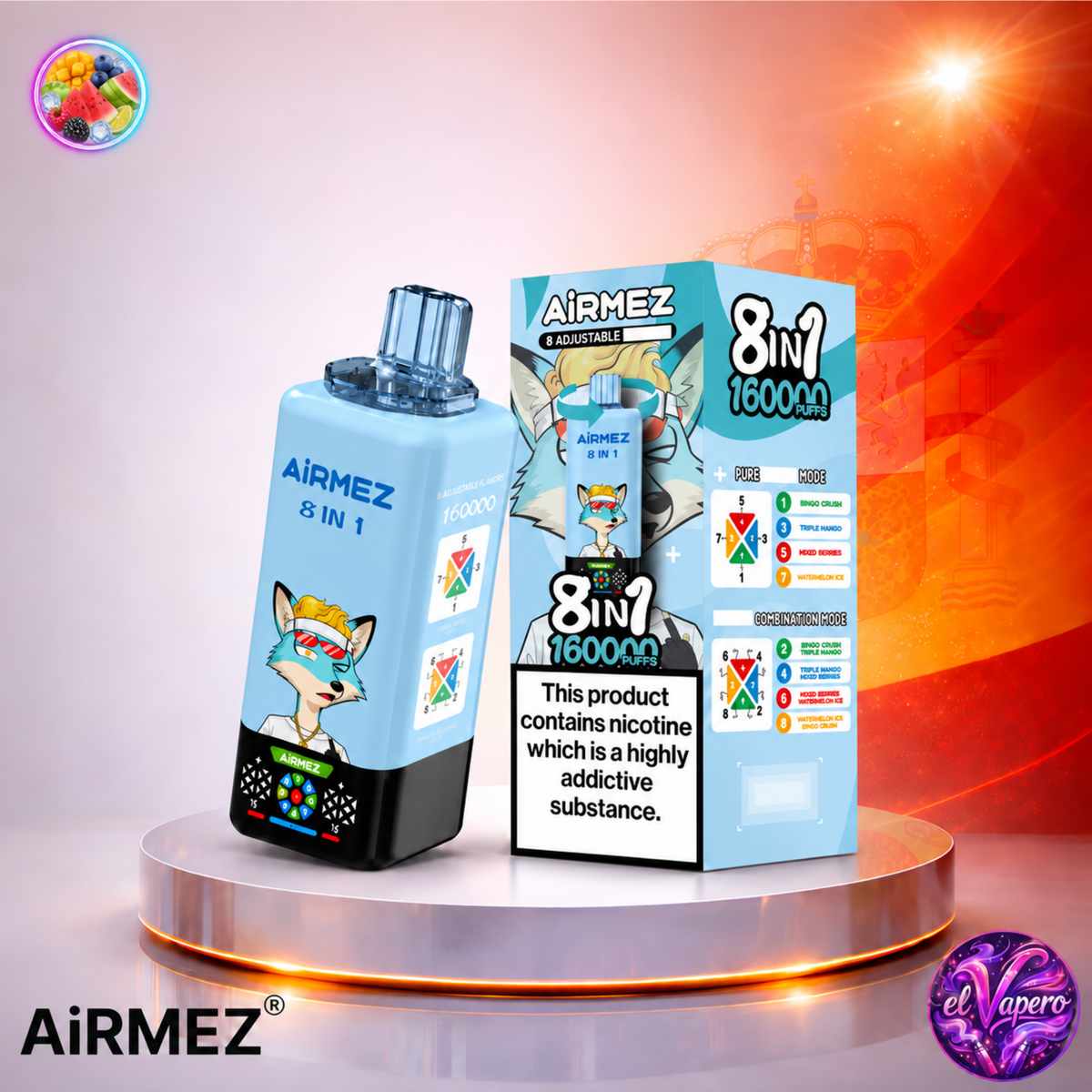 Vaper desechable Airmez 8 en 1 160K España Bingo Crush, Triple Mango, Mixed Berries y Watermelon con hasta 160000 caladas y variedad de sabores frutales.