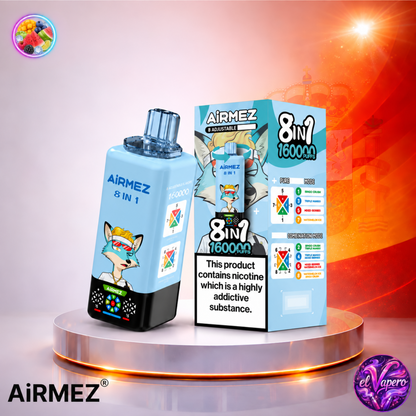 Vaper desechable Airmez 8 en 1 160K España Bingo Crush, Triple Mango, Mixed Berries y Watermelon con hasta 160000 caladas y variedad de sabores frutales.