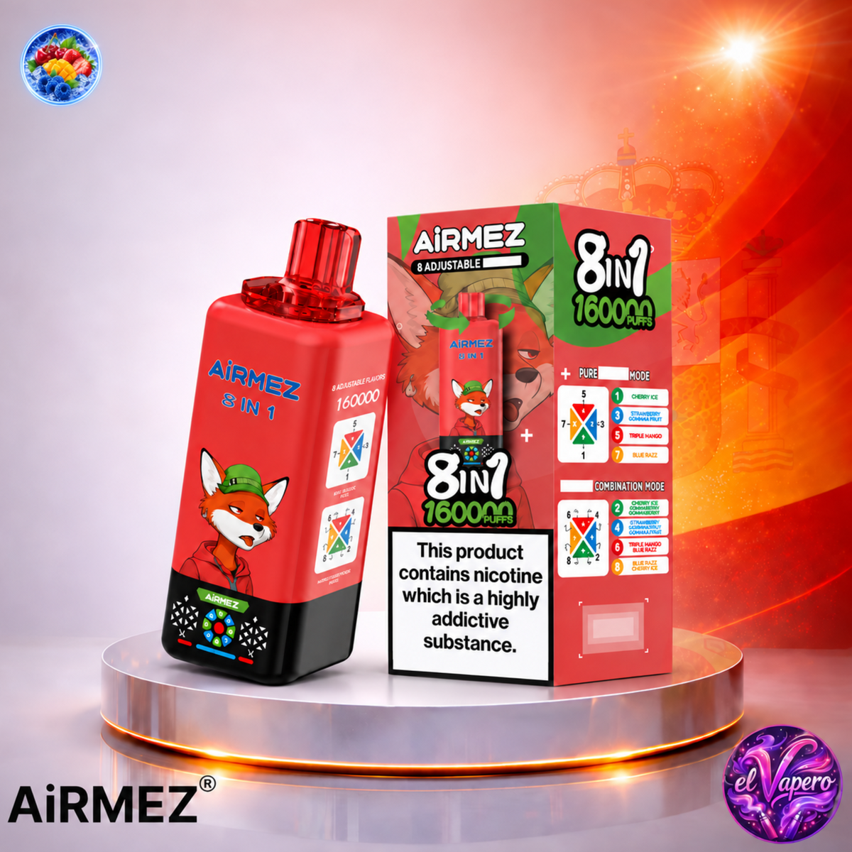 Vape desechable Airmez 8 en 1 160K España Cherry Strawberry, Dragon Triple Mango y Blue Razz con hasta 160000 caladas y variedad de sabores frutales.