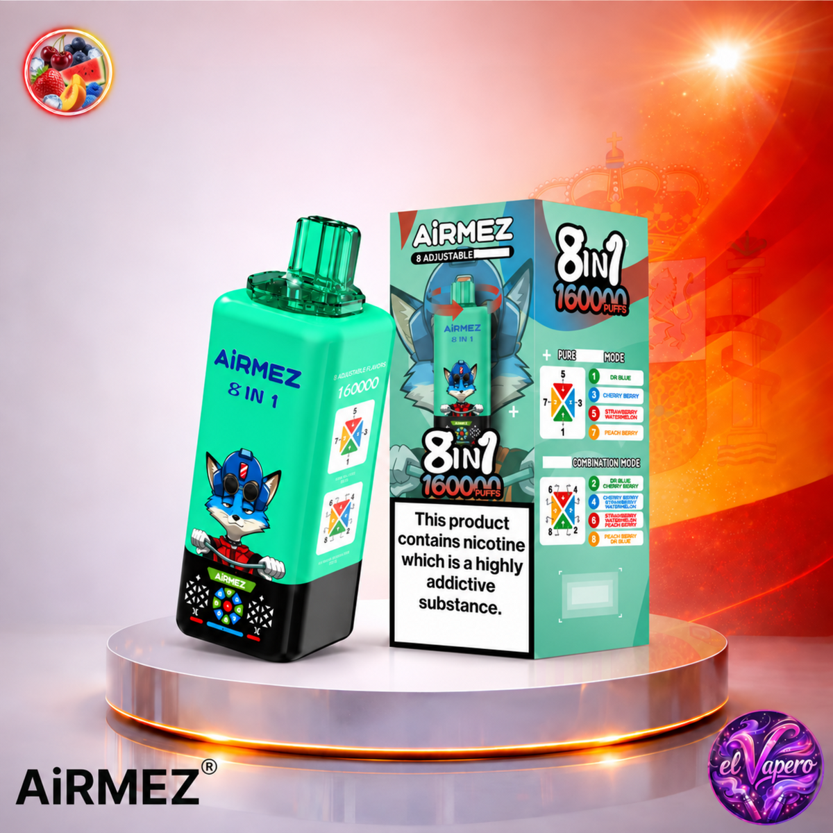 Vaper desechable Airmez 8 en 1 160K España Dr Blue, Cherry Berry, Strawberry Watermelon y Peach Berry con hasta 160000 caladas y variedad de sabores frutales.