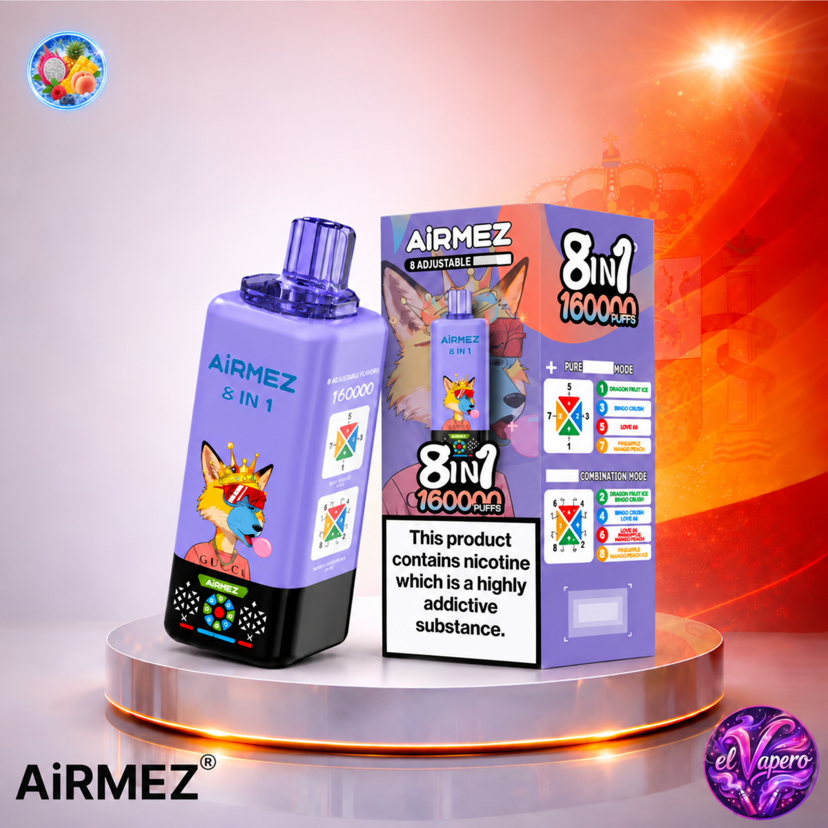 Vaper desechable Airmez 8 en 1 160K España Dragon Fruit, Bingo Crush, Love 66, Pineapple y Mango Peach con hasta 160000 caladas y variedad de sabores tropicales.