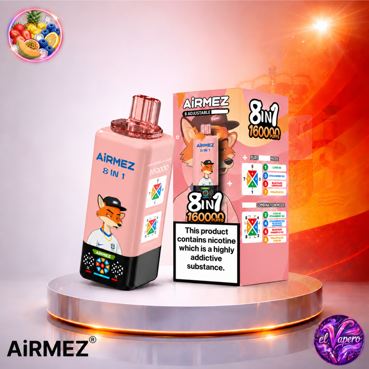 Vaper desechable Airmez 8 en 1 160K España Love 66, Strawberry Blue Raz Lemonade y Pineapple con hasta 160000 caladas y variedad de sabores tropicales.