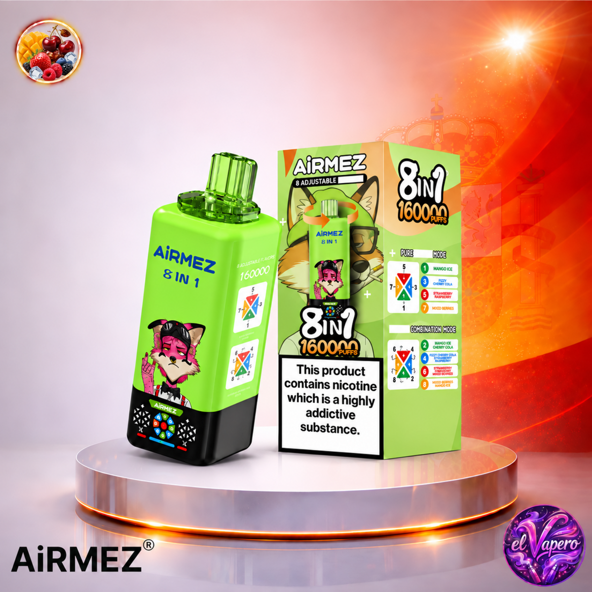 Vaper desechable Airmez 8 en 1 160K España Mango, Fizzy Cherry Cola, Strawberry Raspberry y Mixed Berries con hasta 160000 caladas y variedad de sabores frutales.