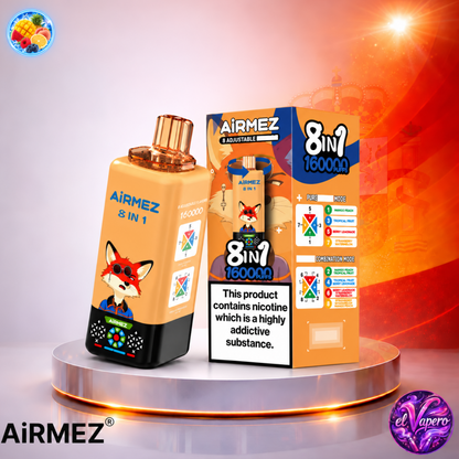 Vaper desechable Airmez 8 en 1 160K España Mixed Berries, Blueberry Raspberry, Watermelon y Cola Ice con hasta 160000 caladas y variedad de sabores frutales y refrescantes.