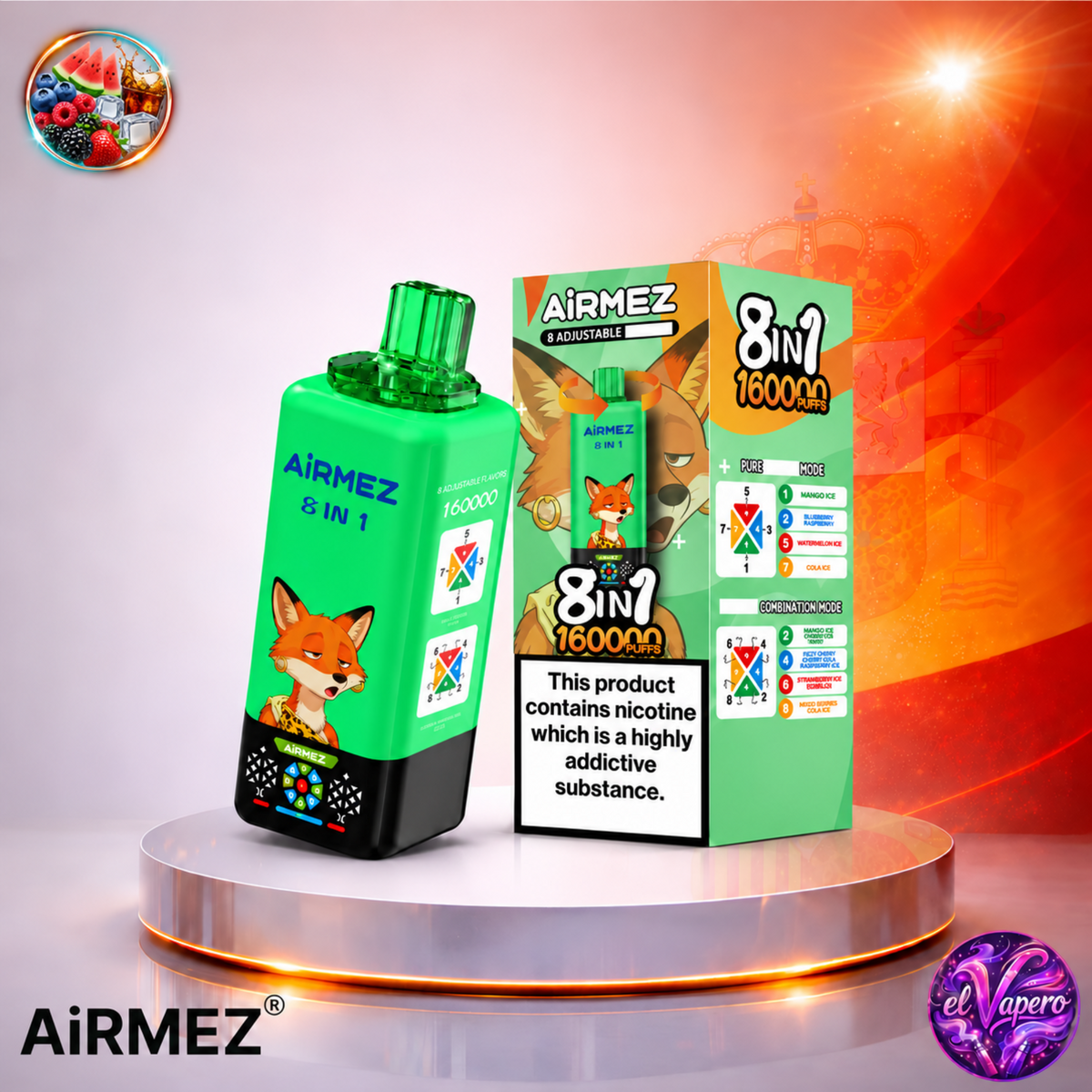 Vaper desechable Airmez 8 en 1 160K España Mixed Berries, Blueberry Raspberry, Watermelon y Cola Ice con hasta 160000 caladas y variedad de sabores frutales y refrescantes.