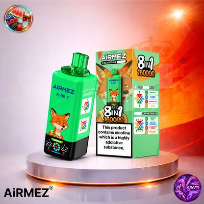 Vaper desechable Airmez 8 en 1 160K España Mixed Berries, Blueberry Raspberry, Watermelon y Cola Ice con hasta 160000 caladas y variedad de sabores frutales y refrescantes.
