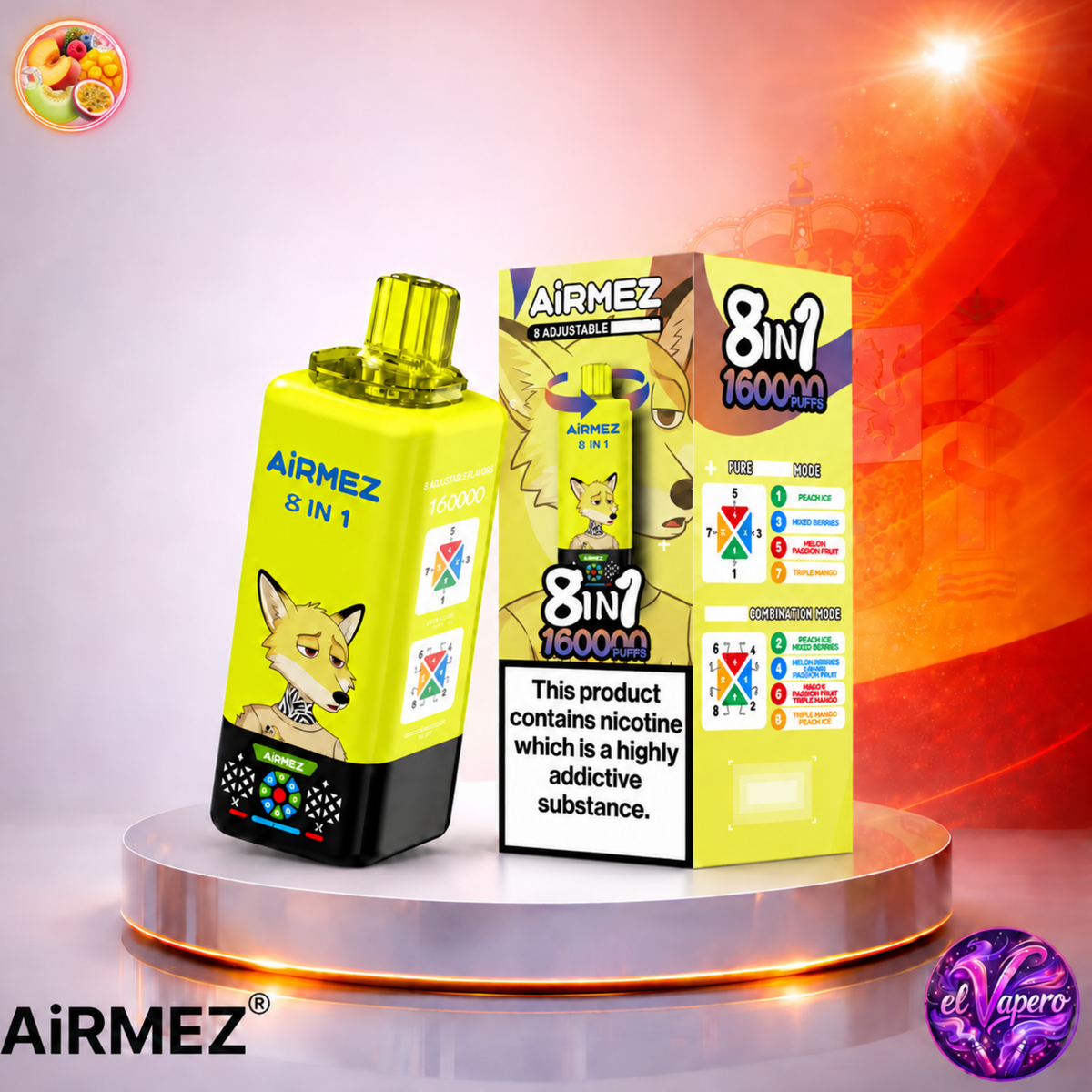 Vape desechable Airmez 8 en 1 160K España Peach, Mixed Berries, Melon Passion y Triple Mango con hasta 160000 caladas y variedad de sabores frutales.