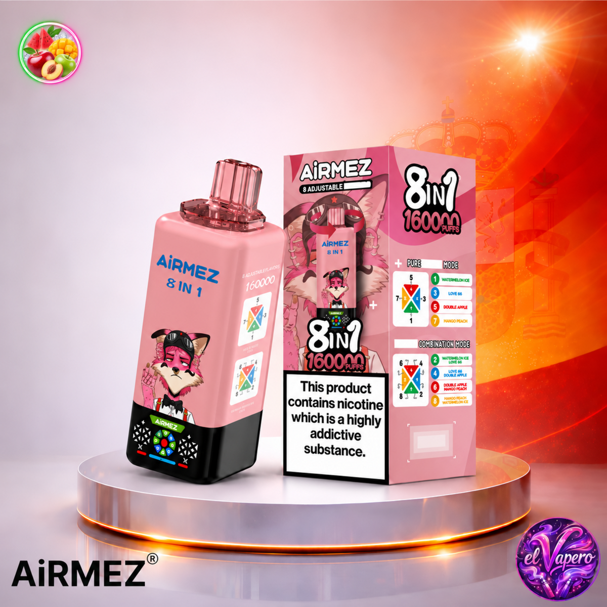Vape desechable Airmez 8 en 1 160K España Watermelon, Love 66, Double Apple y Mango Peach con hasta 160000 caladas y variedad de sabores frutales.