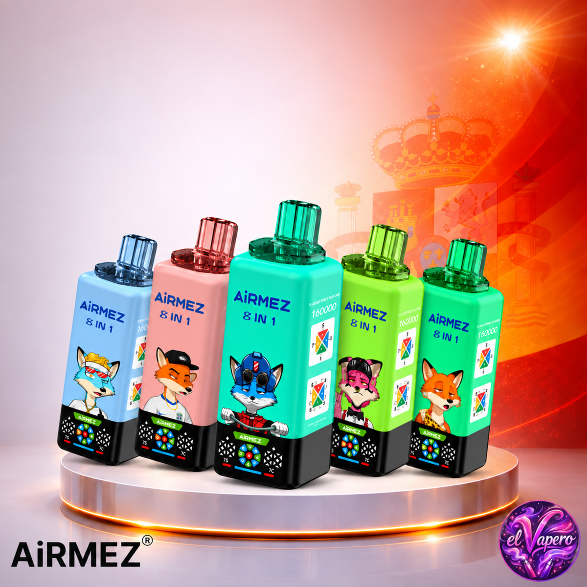 Vaper desechable Airmez 8 en 1 160K España Mix 2 con hasta 160000 caladas y variedad de sabores.