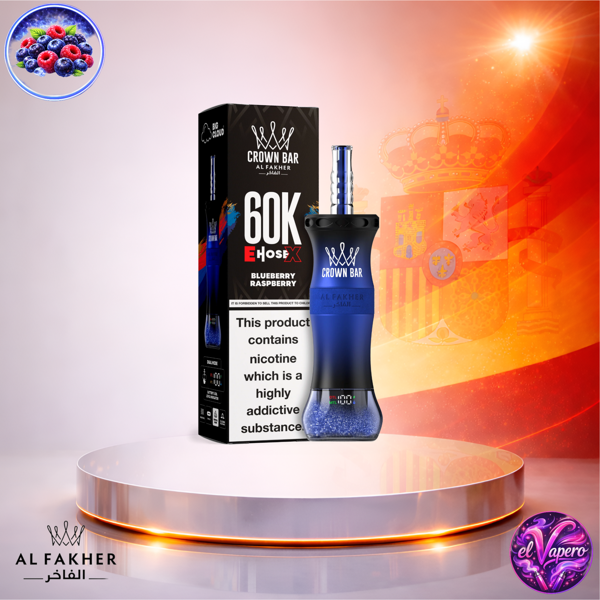Vapers Desechables - Cigarrillo electrónico - España - Al Fakher Crown Bar EHose X 60K - Blueberry Raspberry 60000 Caladas - El mejor precio