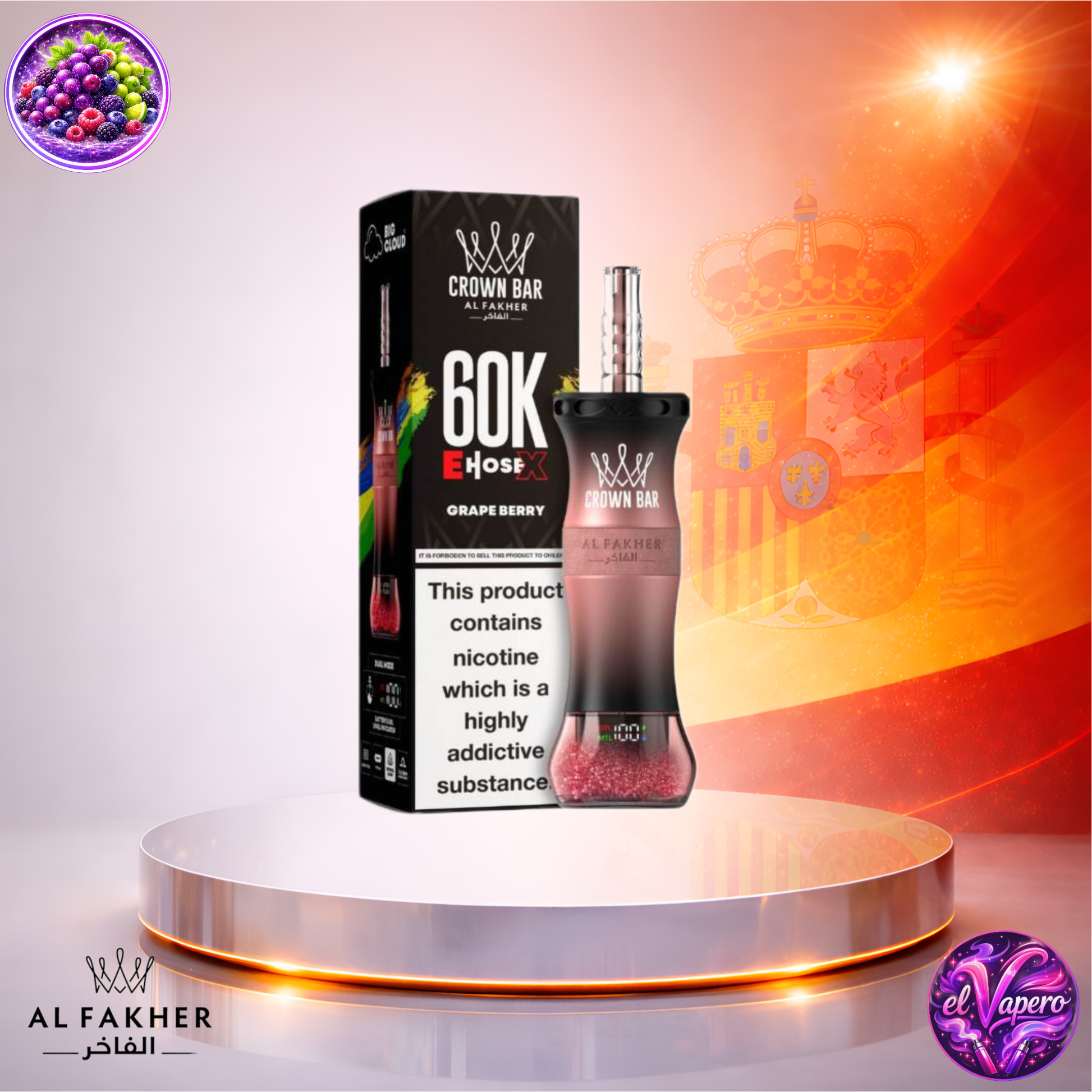 Vapers Desechables - Cigarrillo electrónico - España - Al Fakher Crown Bar EHose X 60K - Grape Berry 60000 Caladas - Más baratos
