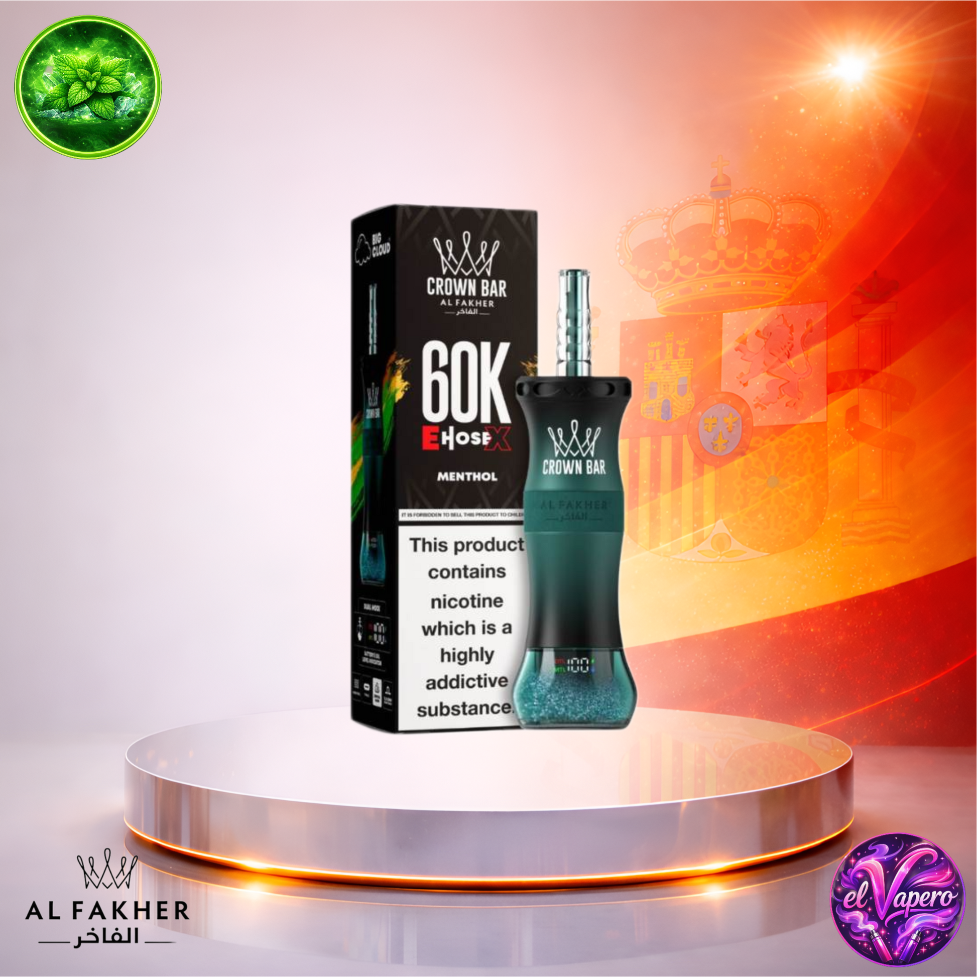 Vapers Desechables - Cigarrillo electrónico - España - Al Fakher Crown Bar EHose X 60K - Menthol 60000 Caladas - Más baratos