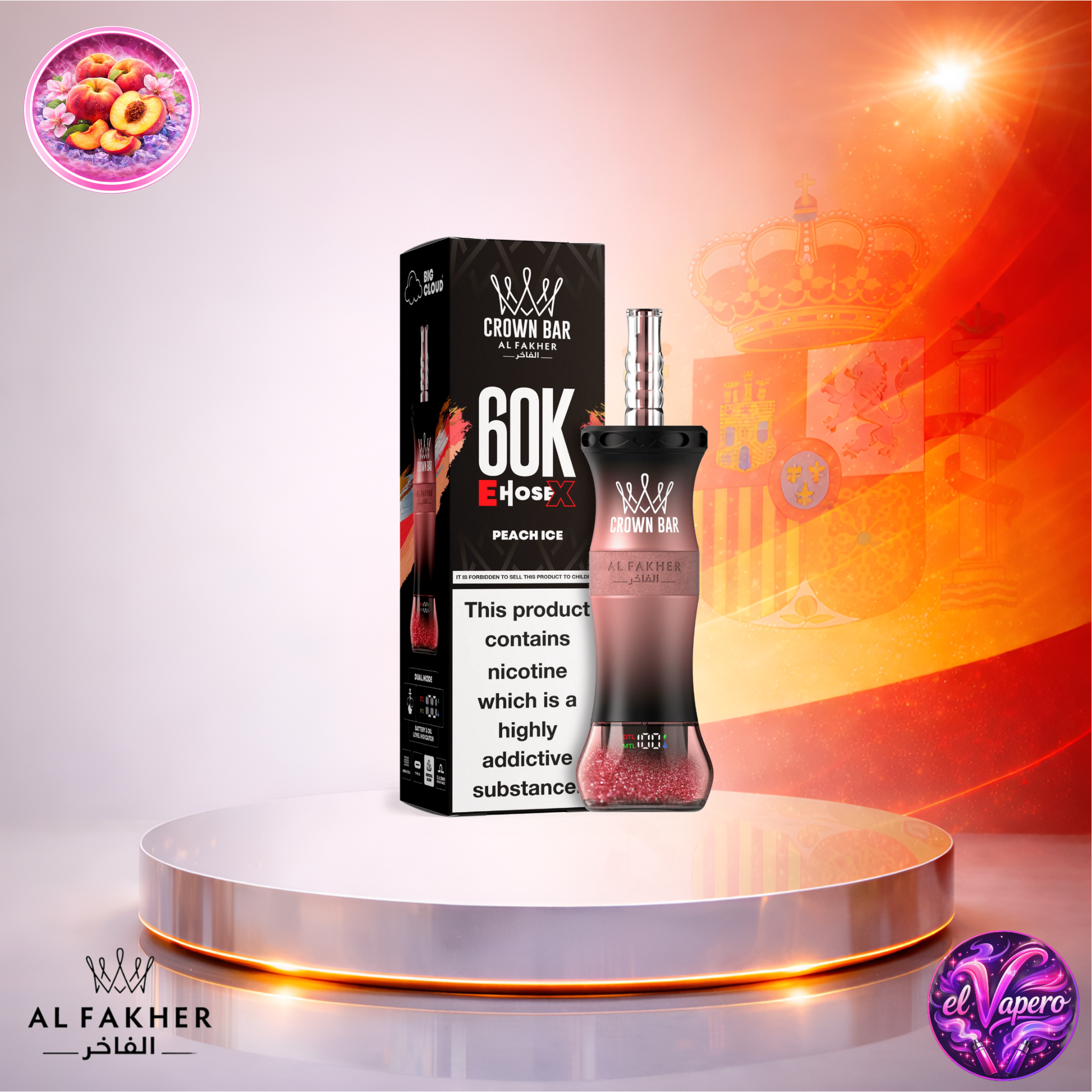 Vapers Desechables - Cigarrillo electrónico - España - Al Fakher Crown Bar EHose X 60K - Peach Ice 60000 Caladas - El mejor precio