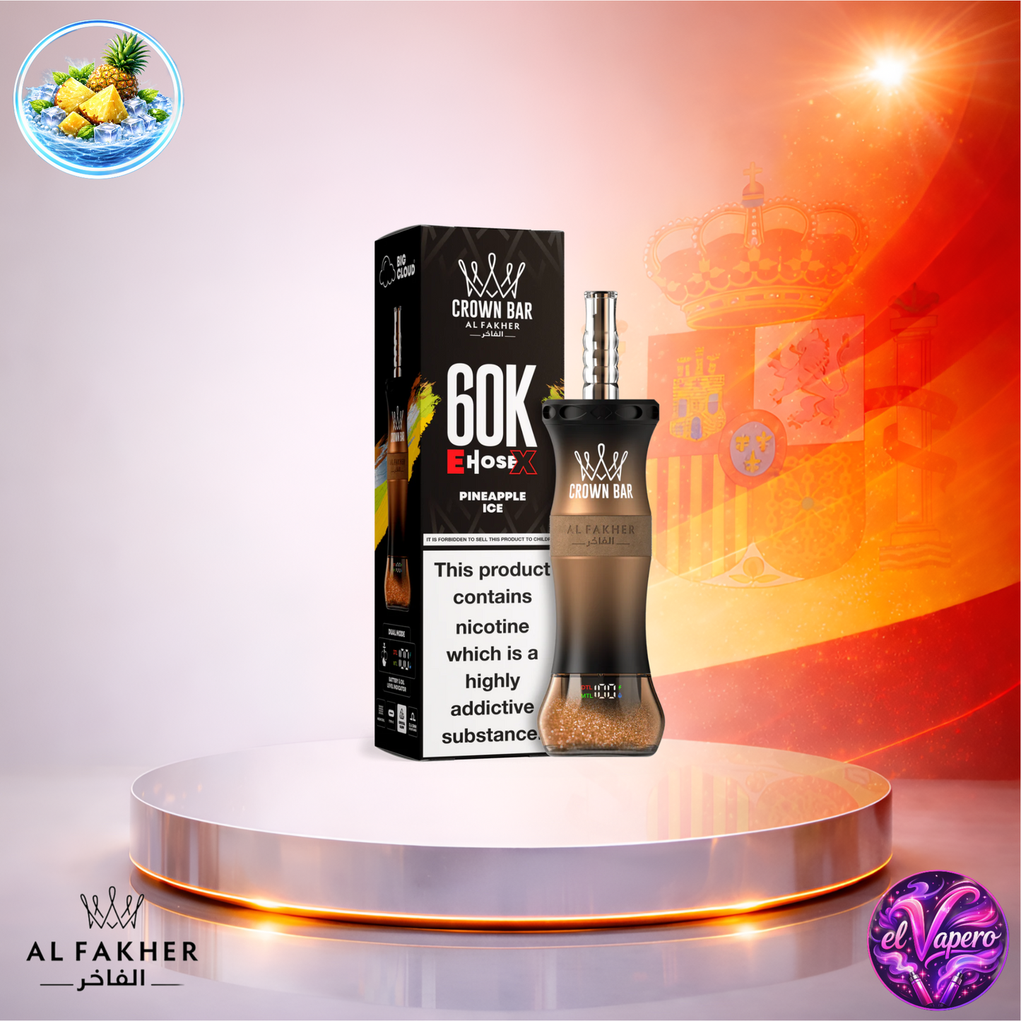 Vapers Desechables - Cigarrillo electrónico - España - Al Fakher Crown Bar EHose X 60K - Pinapple Ice 60000 Caladas - El mejor precio
