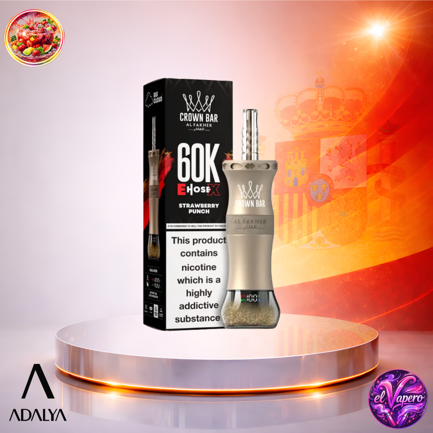 Vapers Desechables - Cigarrillo electrónico - España - Al Fakher Crown Bar EHose X 60K - Strawberry Punch 60000 Caladas - Más baratos