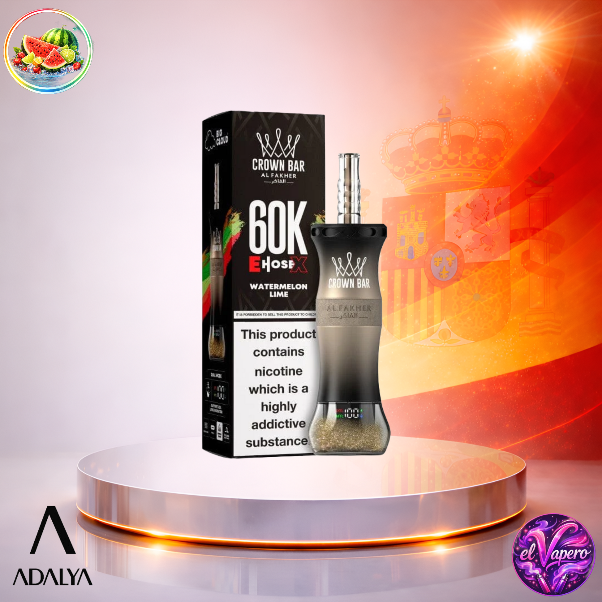 Vapers Desechables - Cigarrillo electrónico - España - Al Fakher Crown Bar EHose X 60K - Watermelon Lime 60000 Caladas - El mejor precio