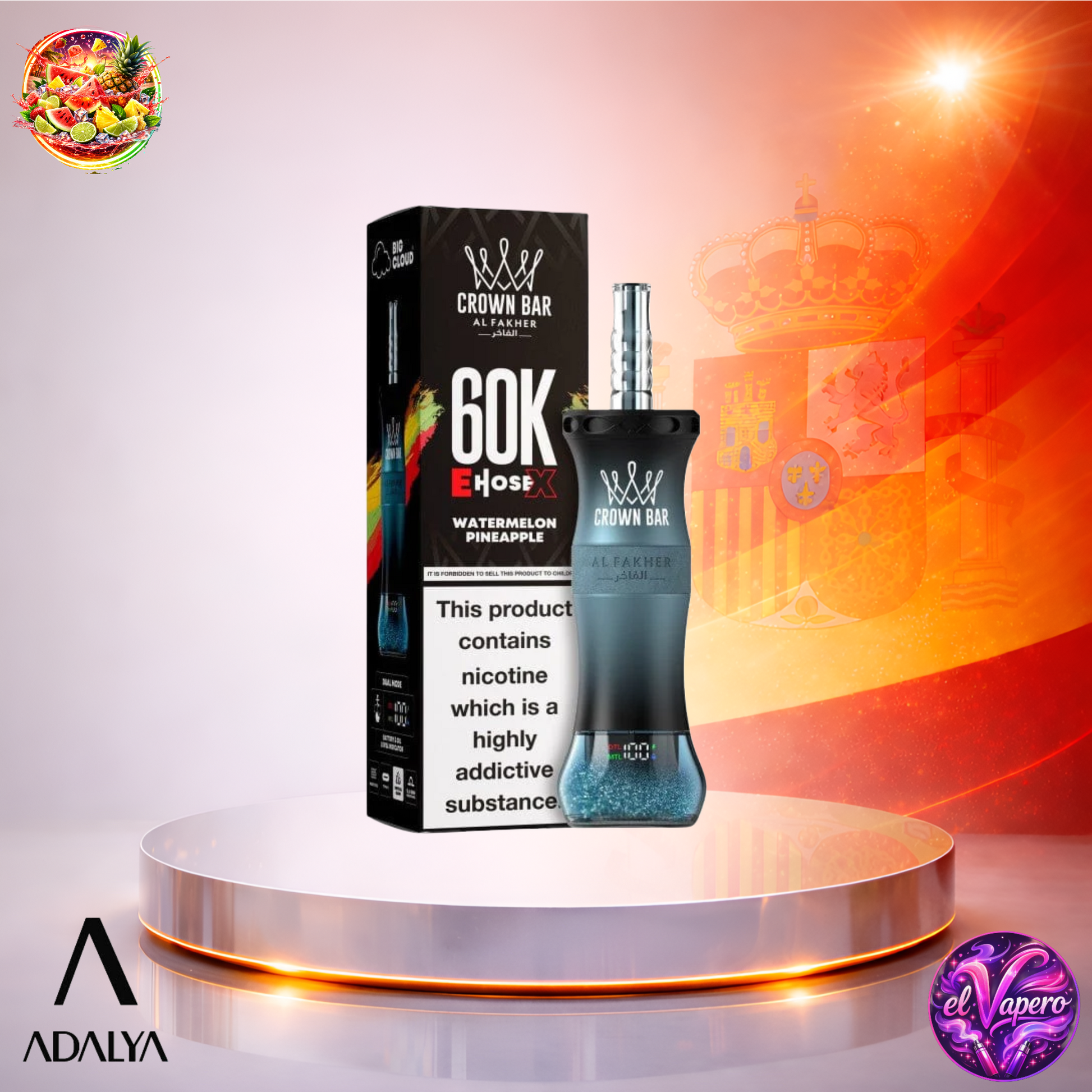 Vapers Desechables - Cigarrillo electrónico - España - Al Fakher Crown Bar EHose X 60K - Watermelon Pinapple 60000 Caladas - El mejor precio