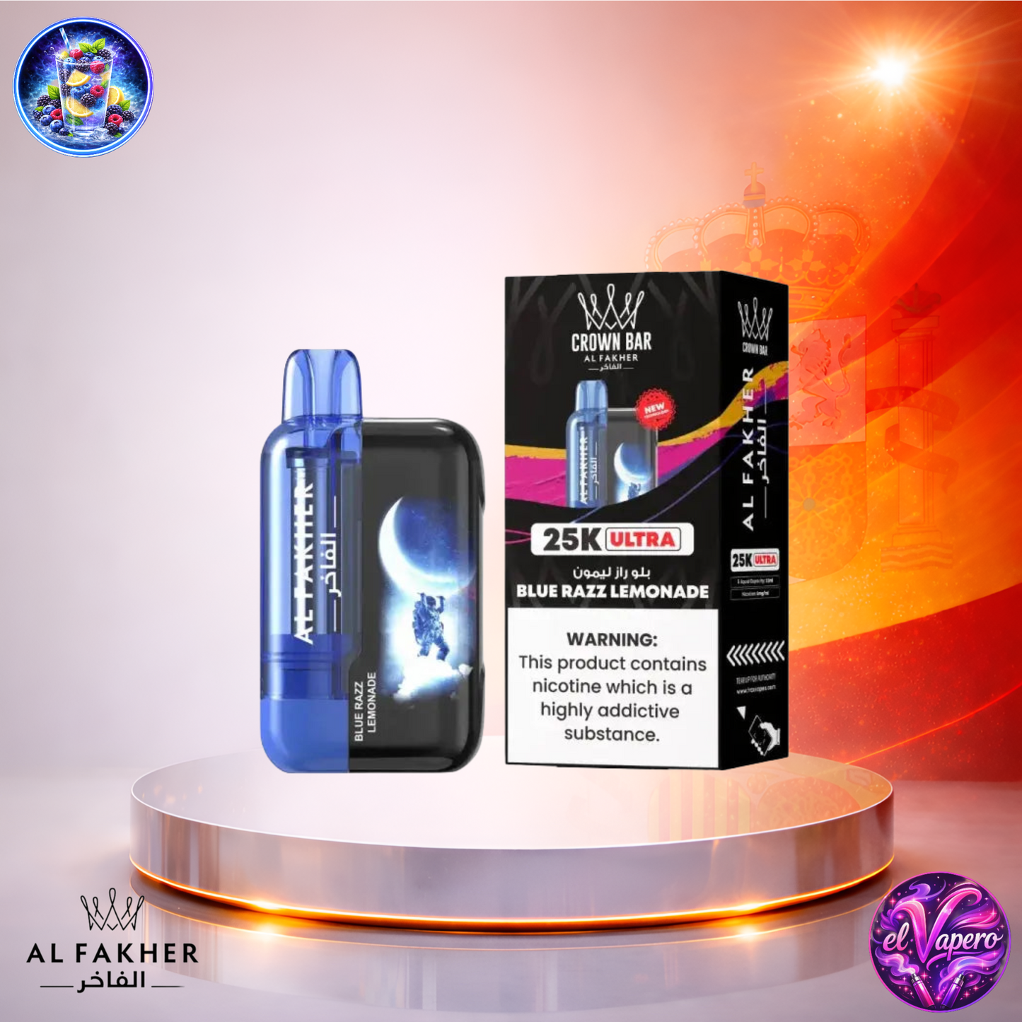 Vapers Desechables - Cigarrillo Electrónico - España - Al Fakher - Crown Bar Ultra - 25K - Blue Razz Lemonade 25000 Caladas - Más baratos