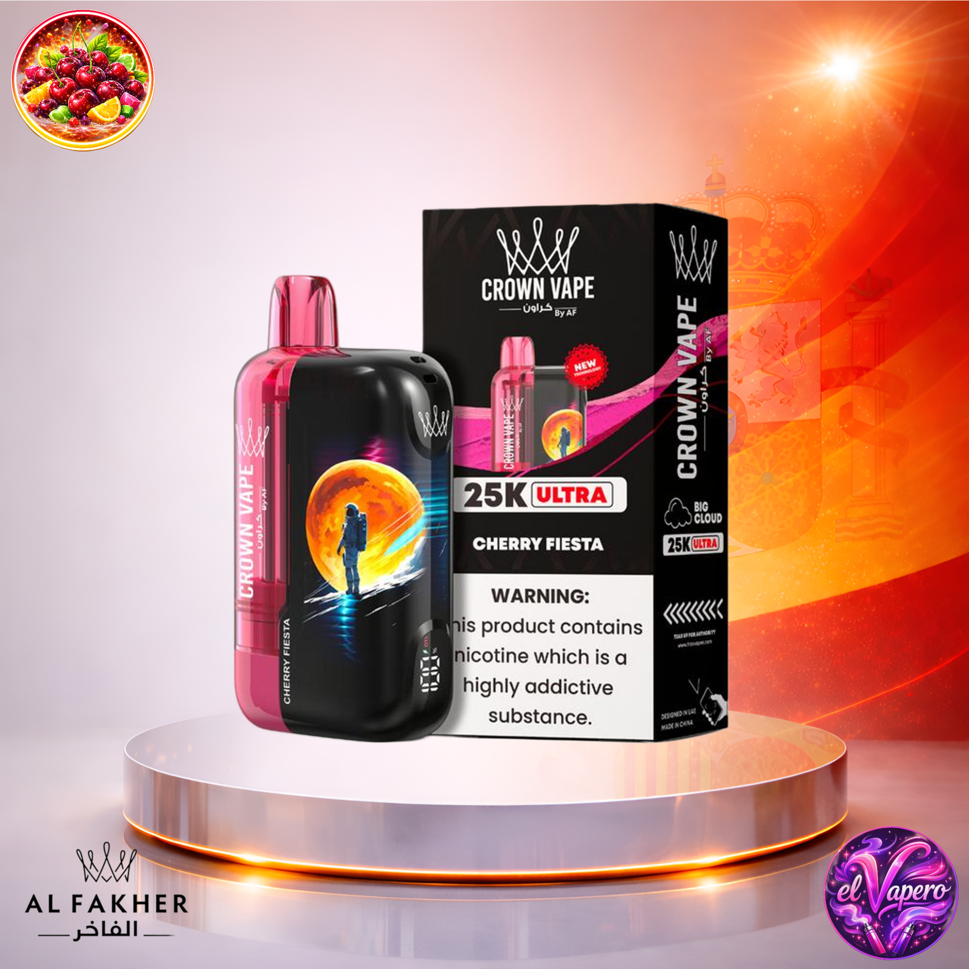 Vapers Desechables - Cigarrillo Electrónico - España - Al Fakher - Crown Bar Ultra - 25K - Cherry Fiesta 25000 Caladas - El mejor precio