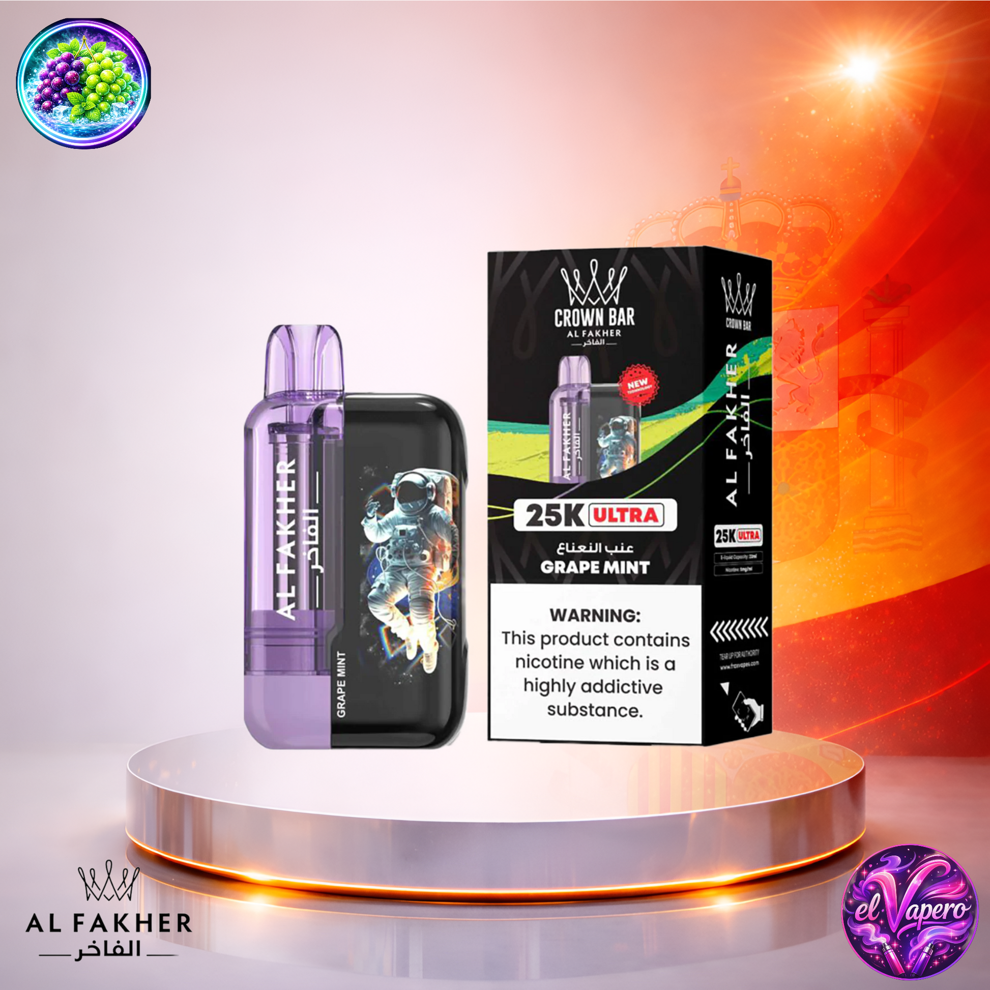 Vapers Desechables - Cigarrillo Electrónico - España - Al Fakher - Crown Bar Ultra - 25K - Grape Mint 25000 Caladas - Los más baratos