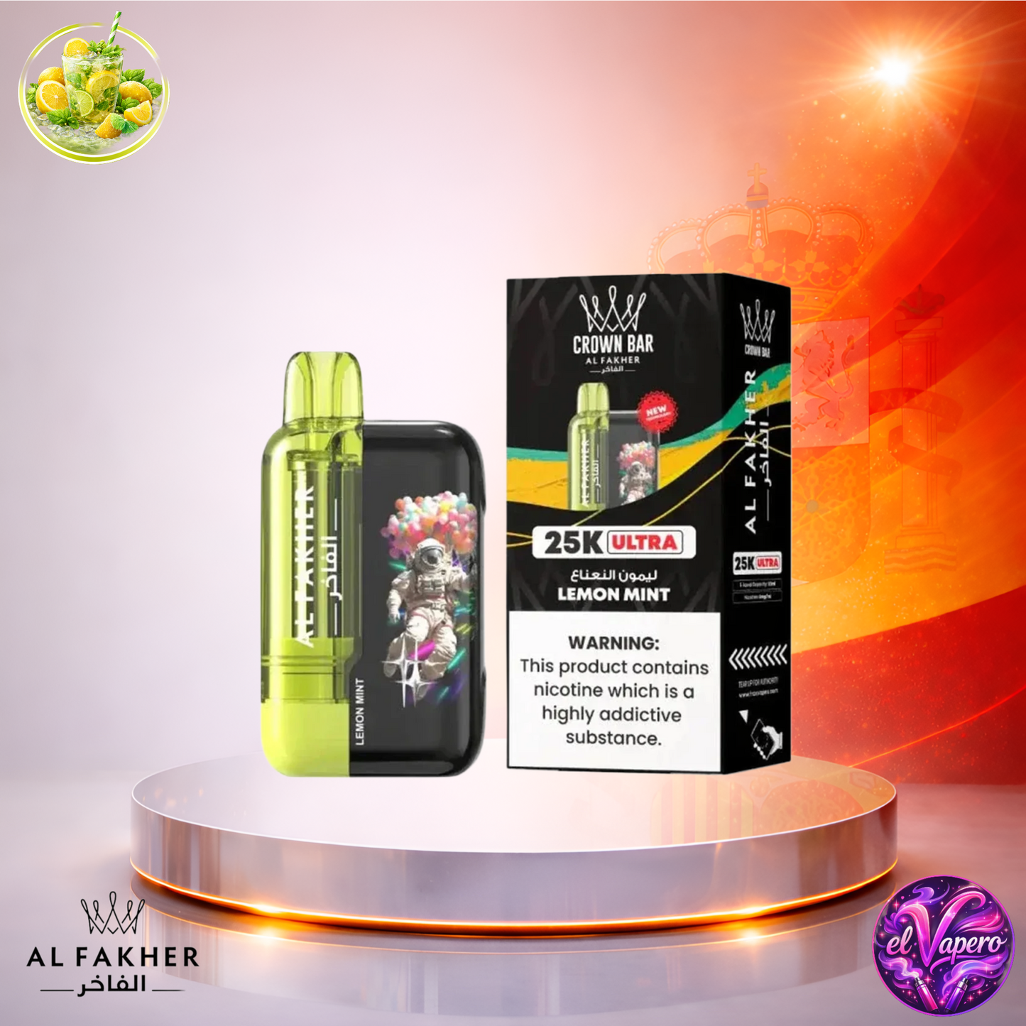 Vapers Desechables - Cigarrillo Electrónico - España - Al Fakher - Crown Bar Ultra - 25K - Lemon Mint 25000 Caladas - El mejor precio