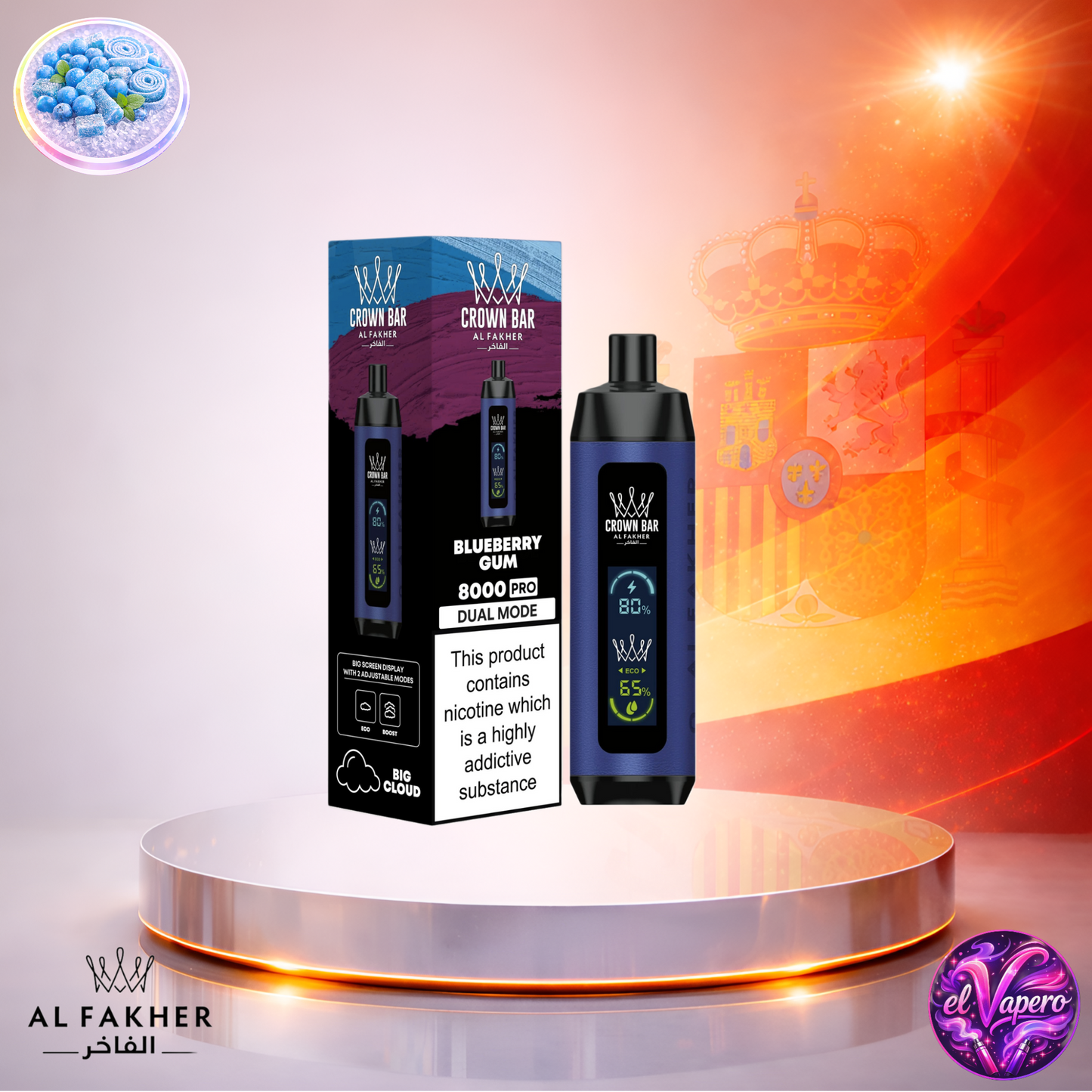 Vapers Desechables - Cigarrillo Electrónico - España - Al Fakher - Crown Bar Pro - 8K - Blueberry Gum 8000 Caladas - El mejor precio