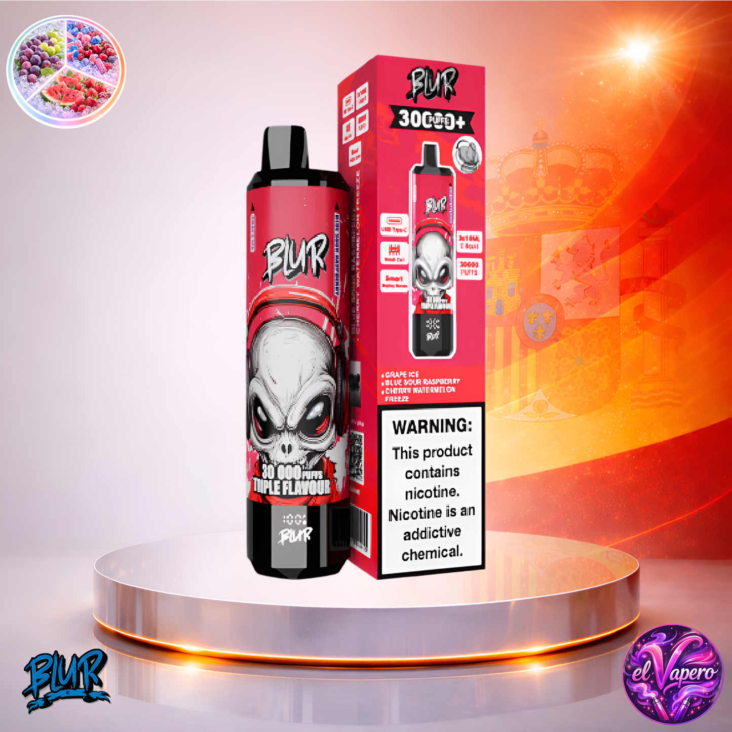 Vapers Desechables - Cigarrillo electrónico - España - Blur - 30000 - 30K - Grape Ice Blue Sour Raspberry Cherry Watermelon Freeze 30000 Caladas - Más baratos