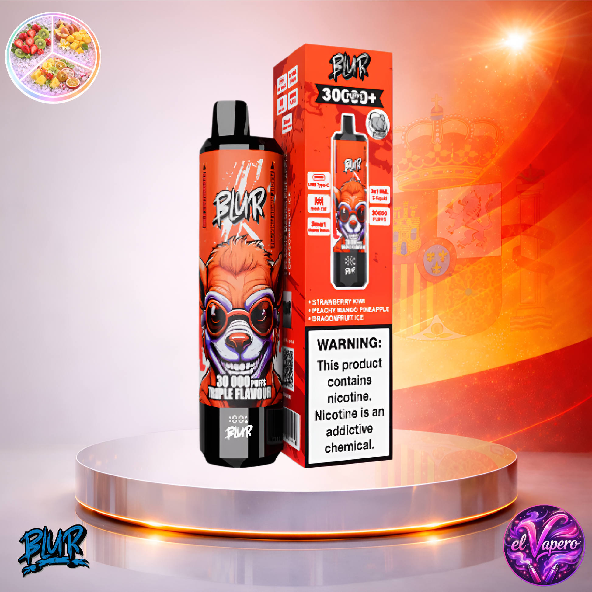 Vapers Desechables - Cigarrillo electrónico - España - Blur - 30000 - 30K - Strawberry Kiwi Peachy Mango Pineapple Dragonfruit Ice 30000 Caladas - El mejor precio