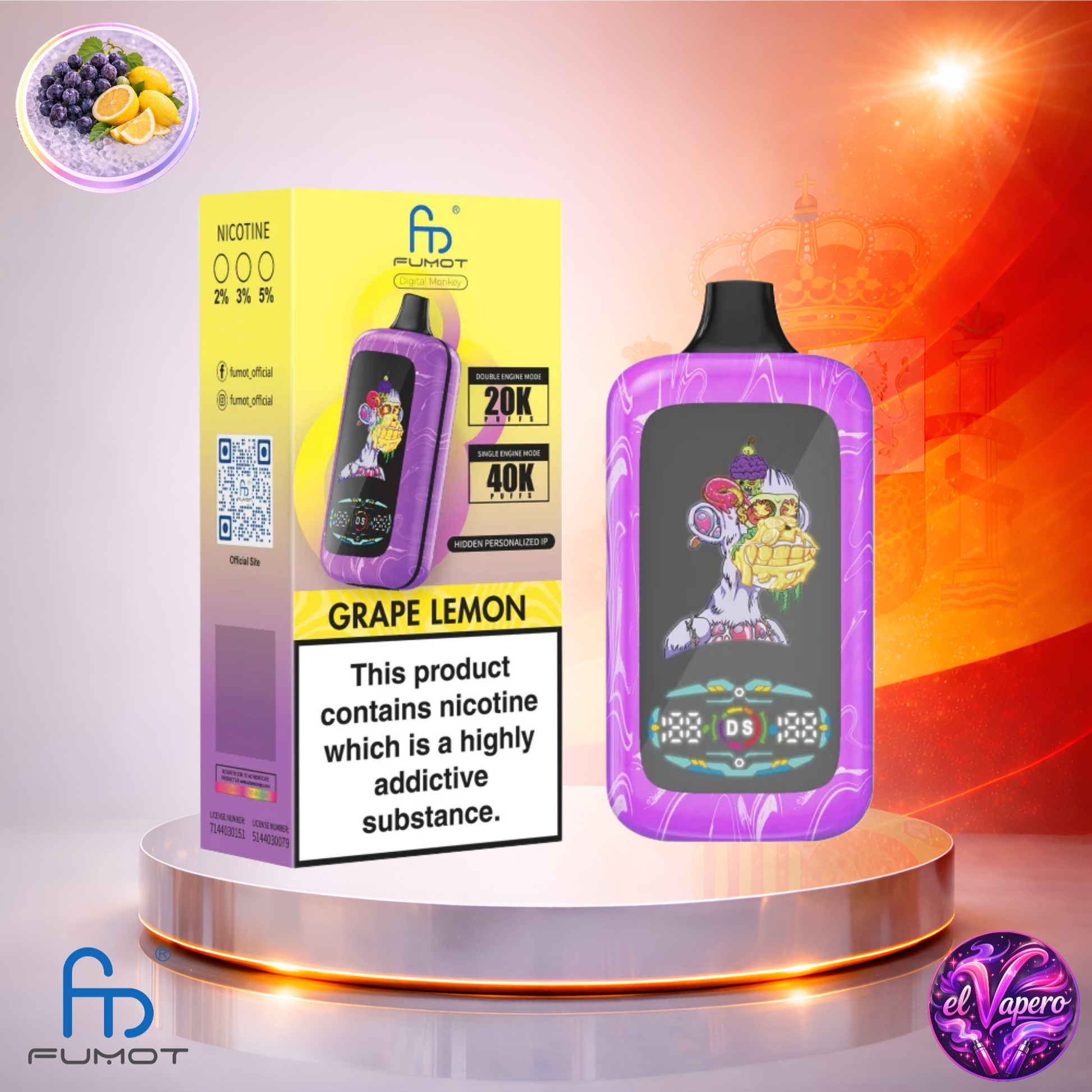 Vapers Desechables - Cigarrillo electrónico - España - Fumot - Digital Monkey - 40K - Grape Lemon 40000 Caladas - Los más baratos