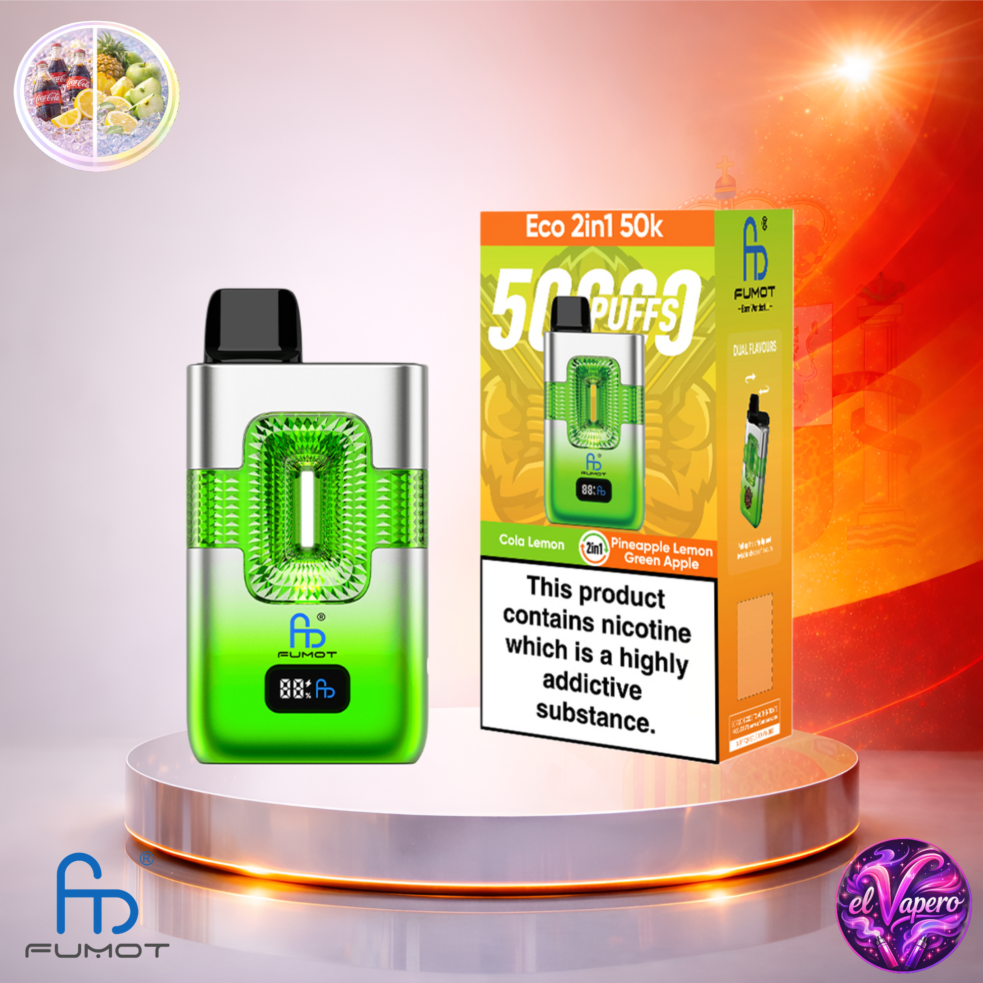 Vapers Desechables - Cigarrillo Electrónico - España - Fumot - Eco 2 En 1 - 50K - Cola Lemon Pineapple Lemon Green Apple 50000 Caladas - Los más baratos