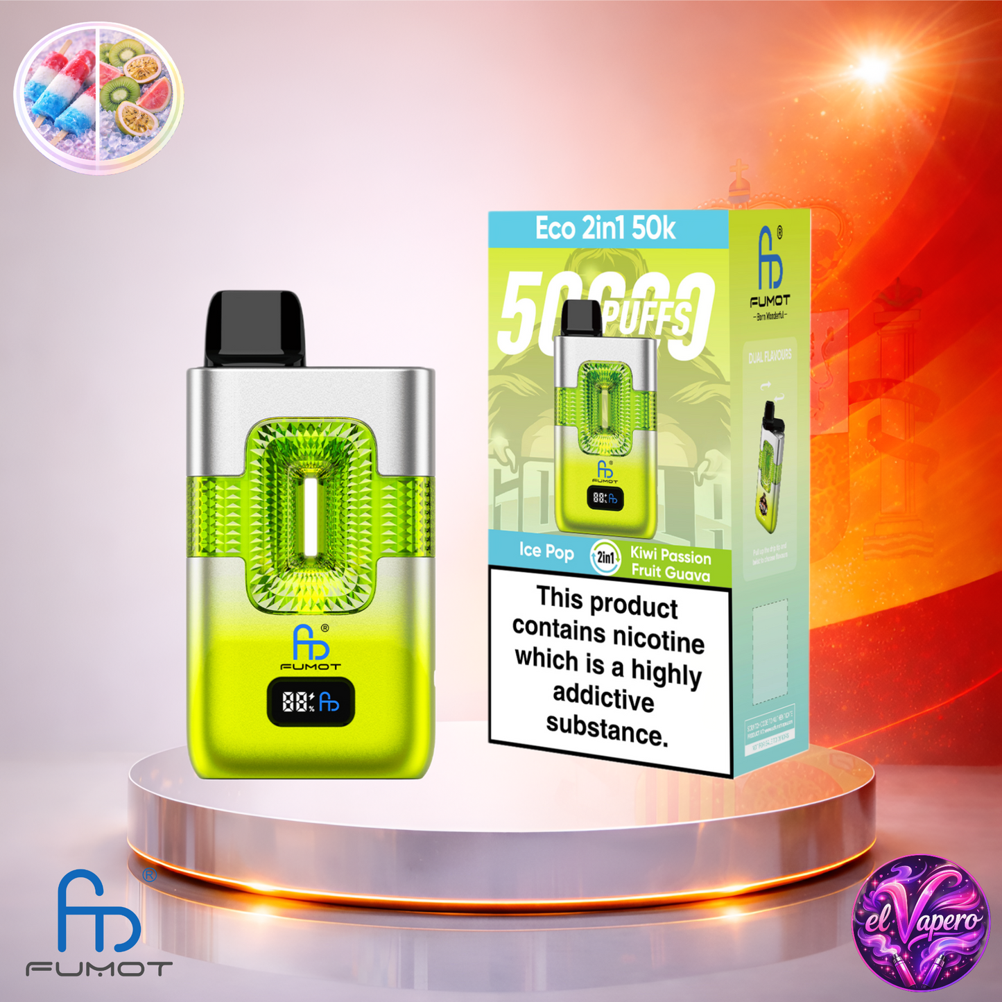 Vapers Desechables - Cigarrillo Electrónico - España - Fumot - Eco 2 En 1 - 50K - Ice Pop Kiwi Passion Fruit Guava 50000 Caladas - Más baratos