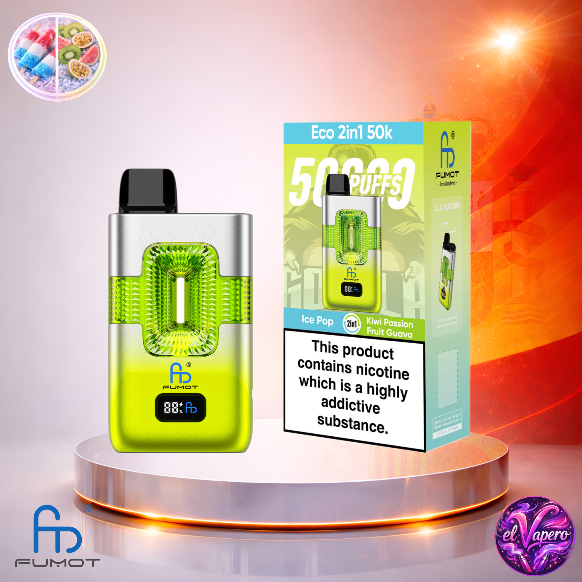 Vapers Desechables - Cigarrillo Electrónico - España - Fumot - Eco 2 En 1 - 50K - Ice Pop Kiwi Passion Fruit Guava 50000 Caladas - Más baratos